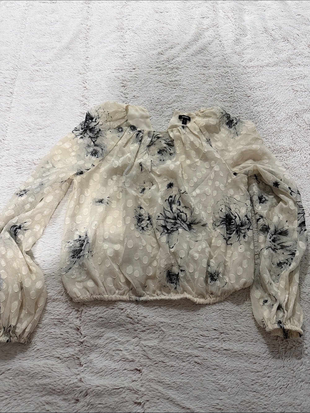 Express Cream Sheer Blouse with Black Floral Print